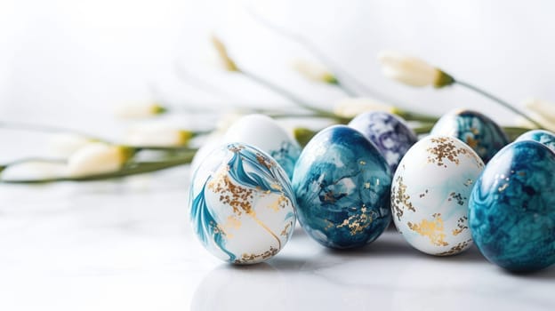 Beautiful painted easter eggs on white. Festive background AI