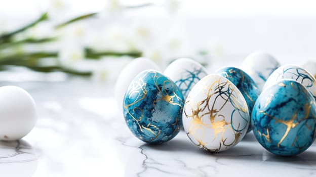 Beautiful painted easter eggs on white. Festive background AI