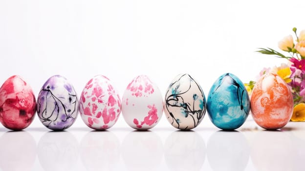 Beautiful painted easter eggs on white. Festive background AI