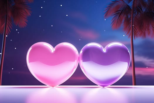 Pink and purple hearts against a background of dark sky and palm trees.