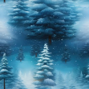 Seamless background of a winter wonderland with snow and christmas trees. Illustration in a whimsical art style. Magical winter landscape. 