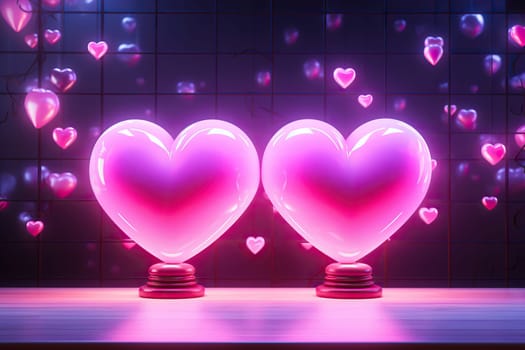 Two bright large pink hearts on stands.