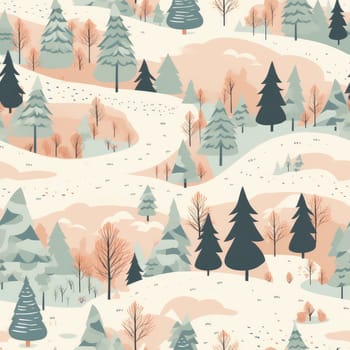 Seamless background of a winter wonderland with snow and christmas trees. Illustration in a whimsical art style. Magical winter landscape. 