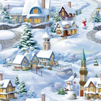 Seamless background of a winter wonderland with snow and christmas trees. Illustration in a whimsical art style. Magical winter landscape. 