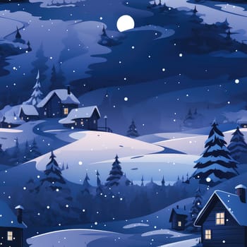 Seamless background of a winter wonderland with snow and christmas trees. Illustration in a whimsical art style. Magical winter landscape. 