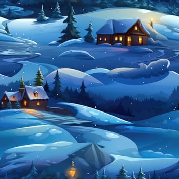 Seamless background of a winter wonderland with snow and christmas trees. Illustration in a whimsical art style. Magical winter landscape. 