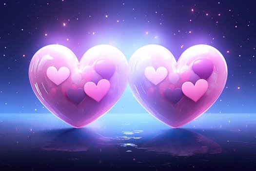 Two beautiful glowing pink hearts on a blue background.