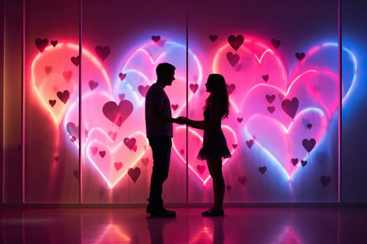 Silhouette of a couple in love on a neon background.