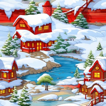 Seamless background of a winter wonderland with snow and christmas trees. Illustration in a whimsical art style. Magical winter landscape. 