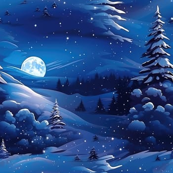 Seamless background of a winter wonderland with snow and christmas trees. Illustration in a whimsical art style. Magical winter landscape. 