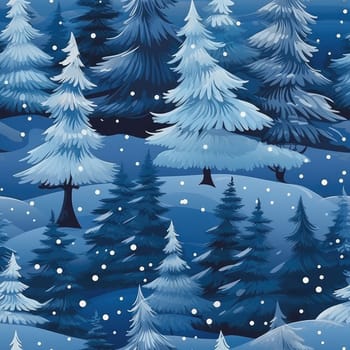 Seamless background of a winter wonderland with snow and christmas trees. Illustration in a whimsical art style. Magical winter landscape. 