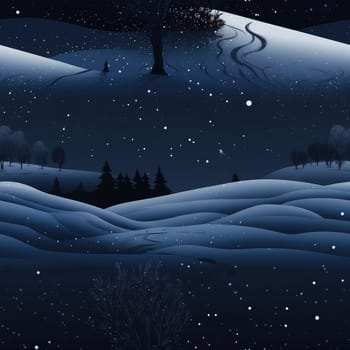 Seamless background of a winter wonderland with snow and christmas trees. Illustration in a whimsical art style. Magical winter landscape. 