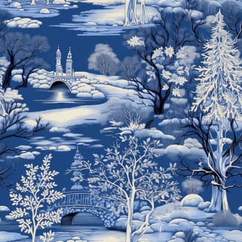 Seamless background of a winter wonderland with snow and christmas trees. Illustration in a whimsical art style. Magical winter landscape. 