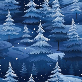 Seamless background of a winter wonderland with snow and christmas trees. Illustration in a whimsical art style. Magical winter landscape. 