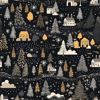 Seamless background of a winter wonderland with snow and christmas trees. Illustration in a whimsical art style. Magical winter landscape. 