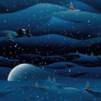 Seamless background of a winter wonderland with snow and christmas trees. Illustration in a whimsical art style. Magical winter landscape. 