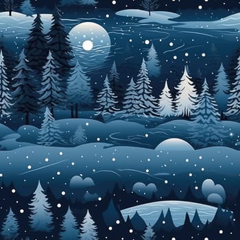 Seamless background of a winter wonderland with snow and christmas trees. Illustration in a whimsical art style. Magical winter landscape. 