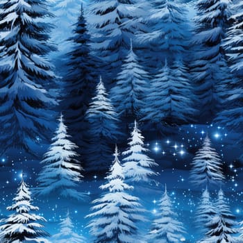 Seamless background of a winter wonderland with snow and christmas trees. Illustration in a whimsical art style. Magical winter landscape. 