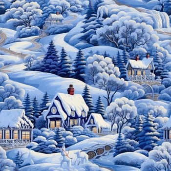 Seamless background of a winter wonderland with snow and christmas trees. Illustration in a whimsical art style. Magical winter landscape. 