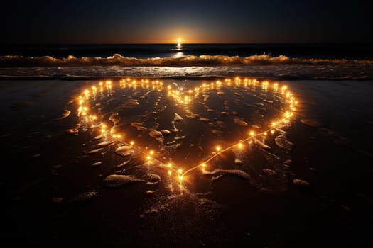 Heart shape made of lights on the beach at sunset. Romantic composition.