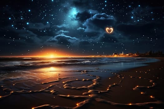 Night seascape with a glowing heart in the cloudy sky. Romantic composition.