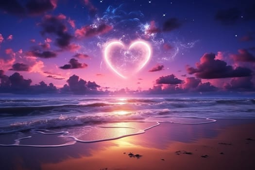 Pink heart in the sky over the sea. Romantic landscape.