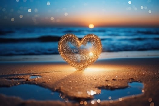 Heart on the sand on a blurred sea background, bokeh.