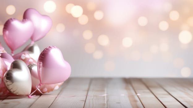 White wooden table in foreground. Blurred background with pink and gold heart-shaped balloons AI