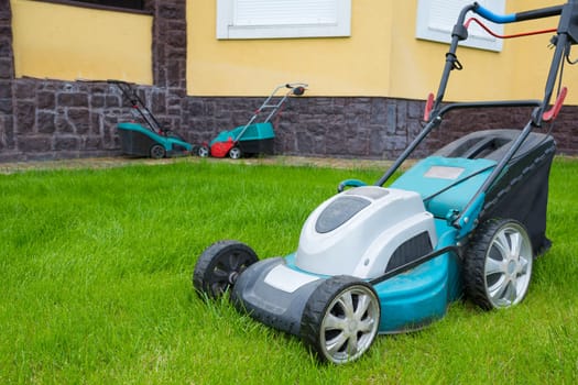 An electric lawn mower in the house backyard.