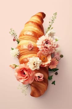 Tasty croissant with beautiful flowers on pastel pink background. French traditional food concept, top view