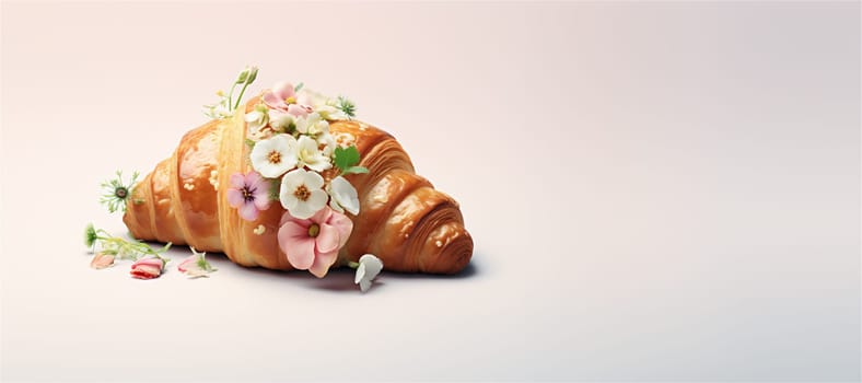 Banner with delicious croissant with spring flowers on pink background. French traditional food concept with copy space.