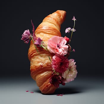 Delicious croissant with beautiful pink flowers on black background. French traditional food concept with copy space