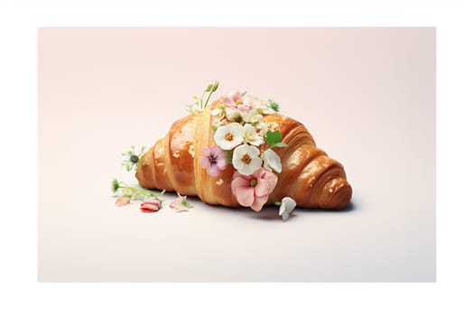 Greeting card or postcard with delicious croissant with spring flowers on pink background. French traditional food concept with copy space. Top view