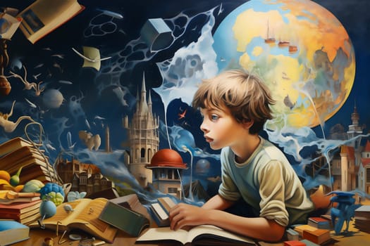 Little boy reading book in front of colorful mural of fantastical cityscape. Background is creative and colorful depiction of fantasy world with huge orange planet, castle, telescope, and flying books