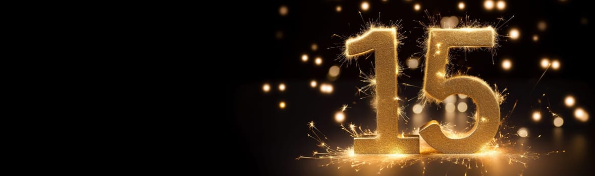 Golden sparkling number fifteen on black background. Symbol 15. Invitation for a fifteenth birthday party or business anniversary. Banner with copy space for text. Generative AI