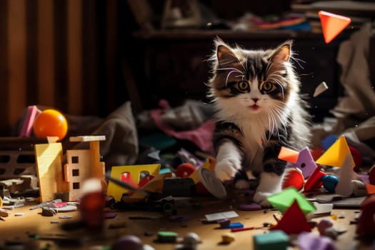 Cute kitten playing with toys. Small baby cat in room with scattered objects