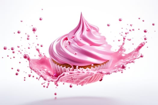 Cupcake with pink dripping frosting and splash on a white background.
