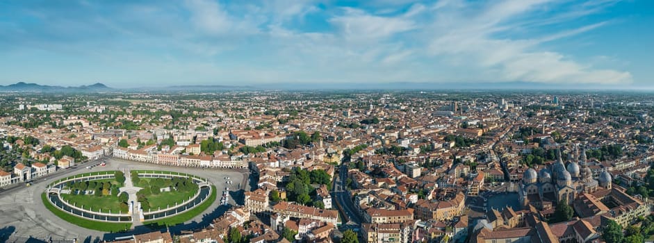 Padua, Veneto, Italy. Prato della Valle. Aerial shot with drone of the historic center of Padua.