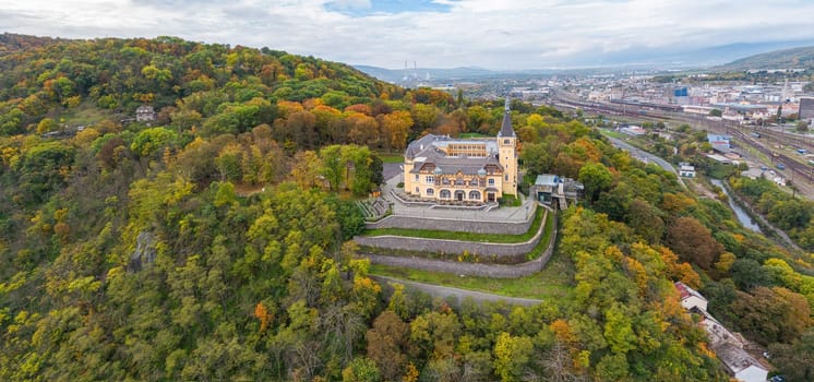 Vetruse lookout point and hotel over Usti nad Labem city In autumn it is cloudy during the day