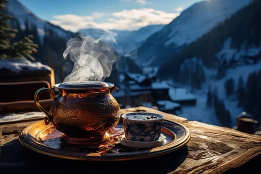 Hot tea high in the mountains. Harmony with nature.