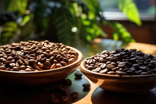 Bowls with different types of coffee on the table.