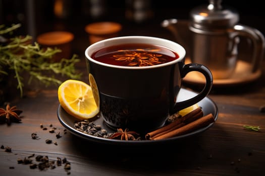 A cup of tea with citruses and spices.