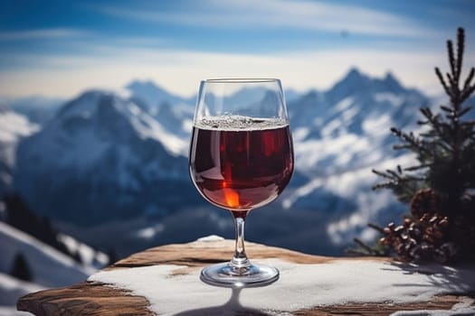 A glass of hot mulled wine with spices on a table overlooking the mountains.