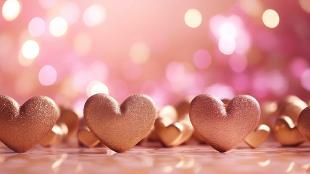 Golden hearts on a pink background. Happy Valentine Day wedding. Bokeh lights AI