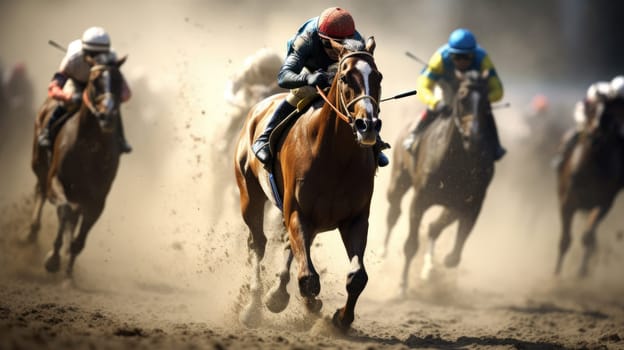 Horse racing at the hippodrome. Sand scatters under the hooves AI