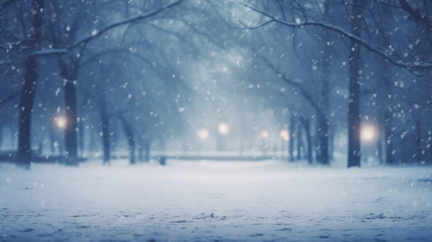 Winter nature snowfall background with copy space. Blurred winter forest AI