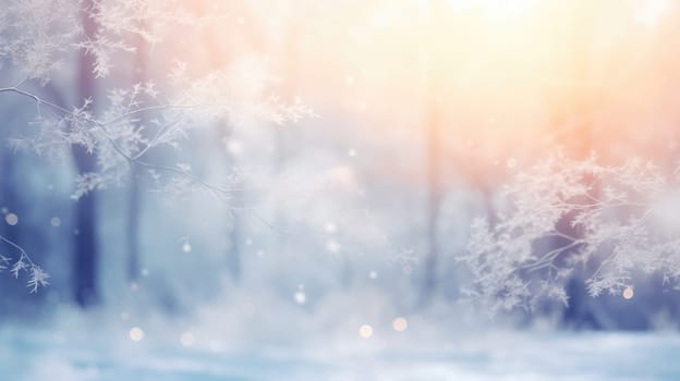 Winter nature snowfall background with copy space. Blurred winter forest AI