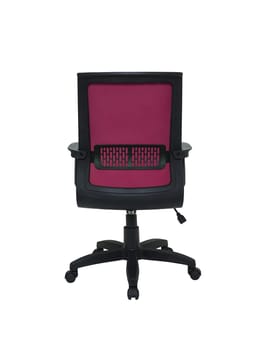 purple office fabric armchair on wheels isolated on white background, back view. modern furniture, interior, home design