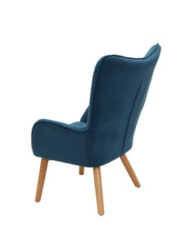 blue fabric armchair with elbow and wooden legs isolated on white background, back view.