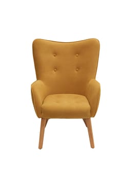 modern orange fabric armchair with wooden legs isolated on white background, front view.